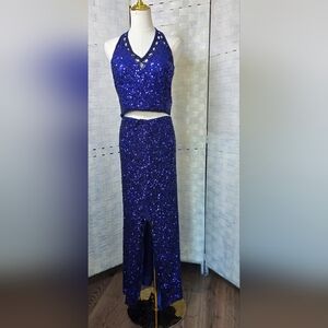 Vntg.SCALA Sequined Two-Piece Halter Gown